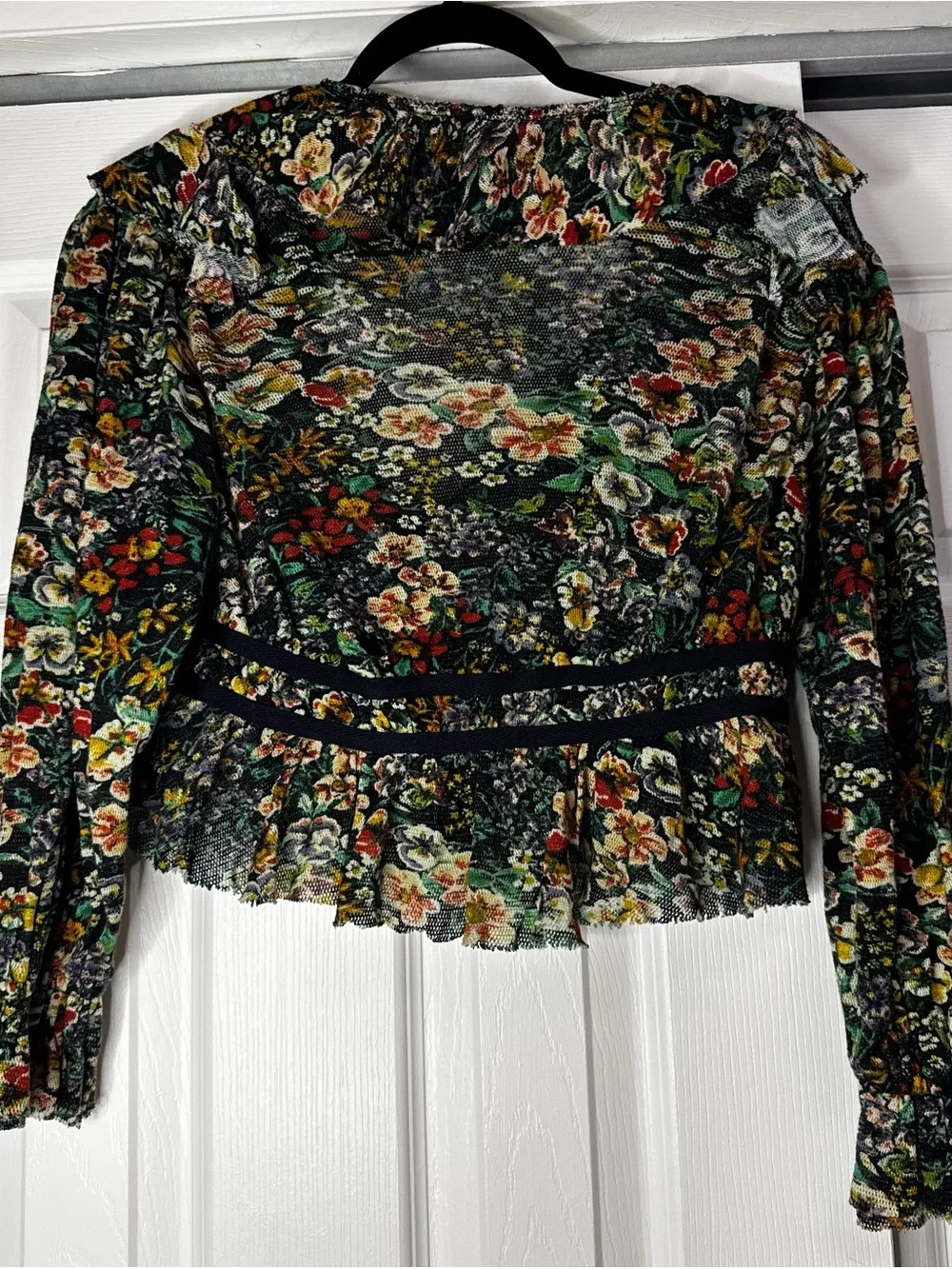 Free People Black and Multicolor Floral Ruffle Long Sleeve Blouse - Size S NWT